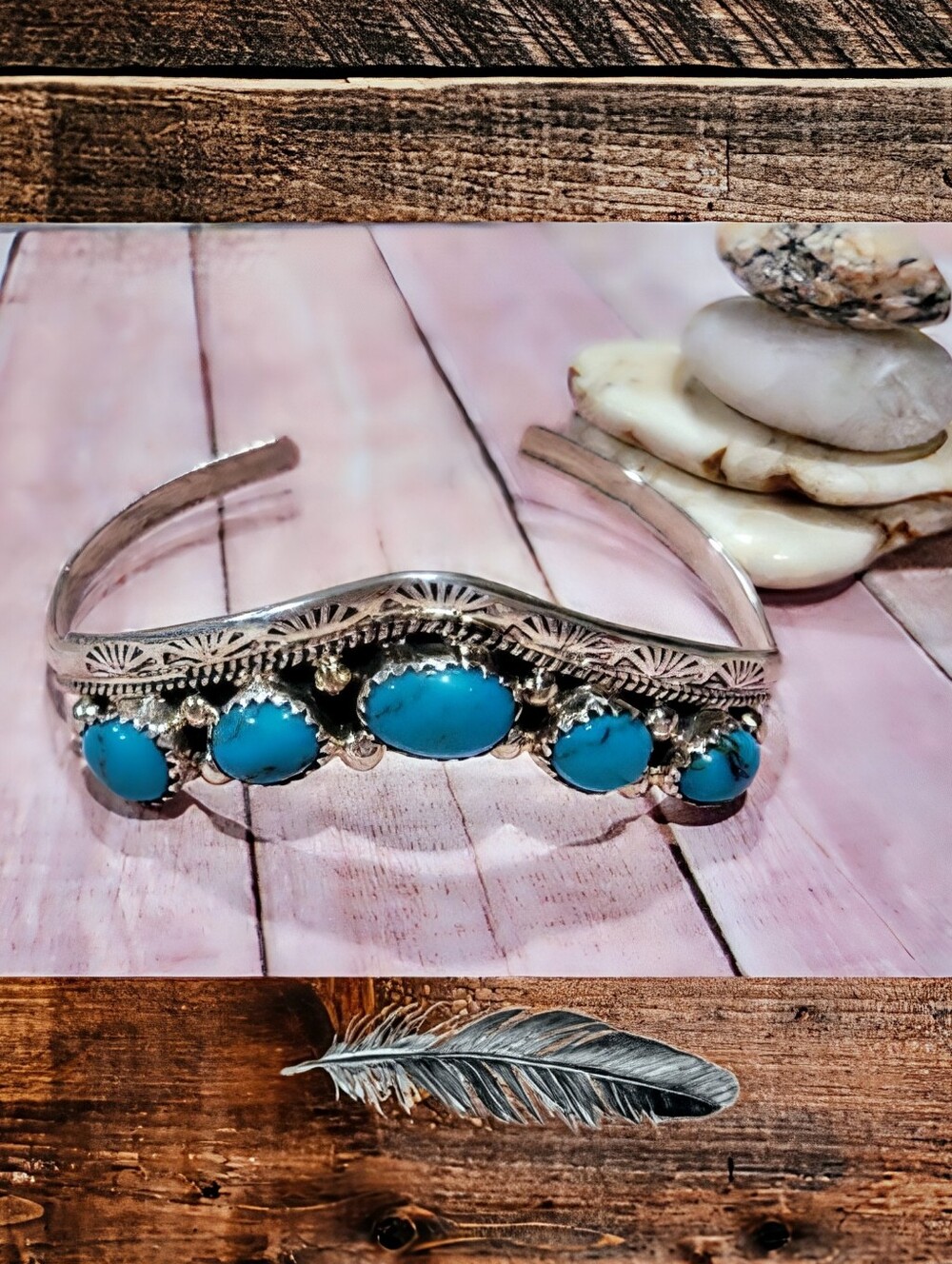 Native Vintage Turquoise & Sterling Stamped Cuff Bracelet Signed Navajo F Yazzie